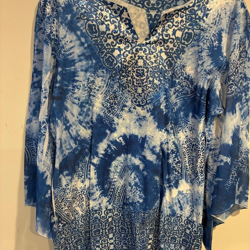 JM Collection Women Blue White Tie Dye Paisley Tunic Blouse XL Bell Sleeve